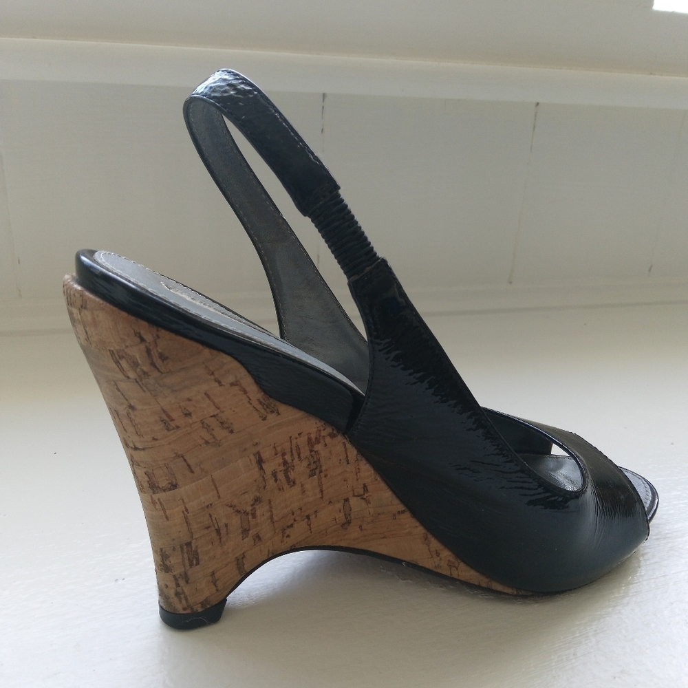 Via Spiga Black Patent Peep Toe Cork Wedges Size 5.5 4.75" heel - Picture 4 of 8